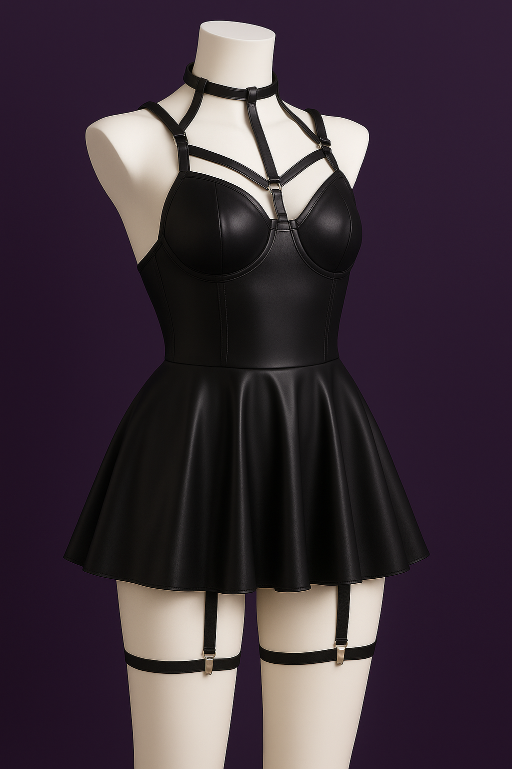 Vestido mini negro cuero sintético fiesta