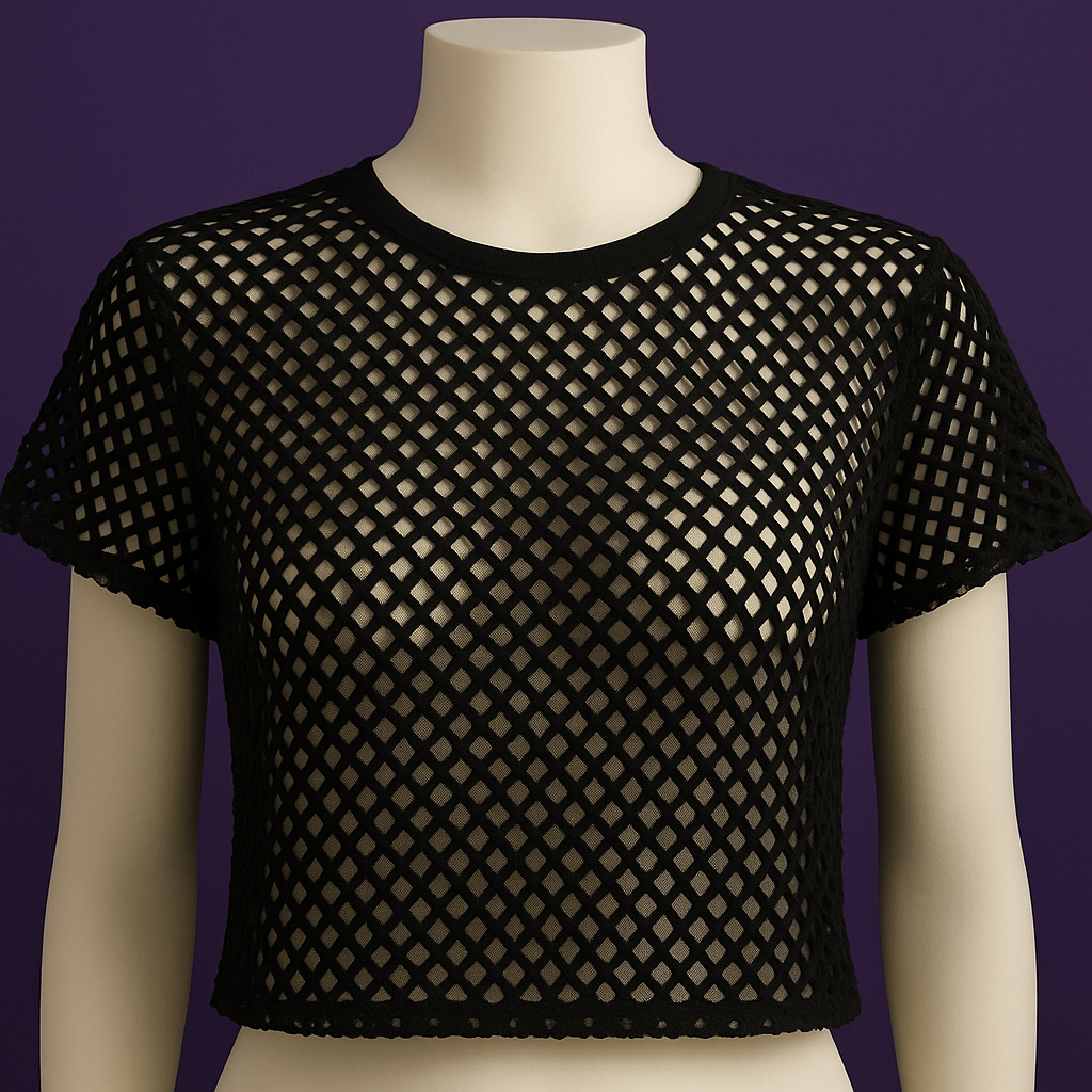 Camiseta crop rejilla negra manga corta transparente
