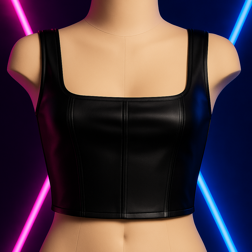 Top crop cuero negro tirantes escote cuadrado