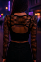 Crop top rejilla negro manga larga fiesta