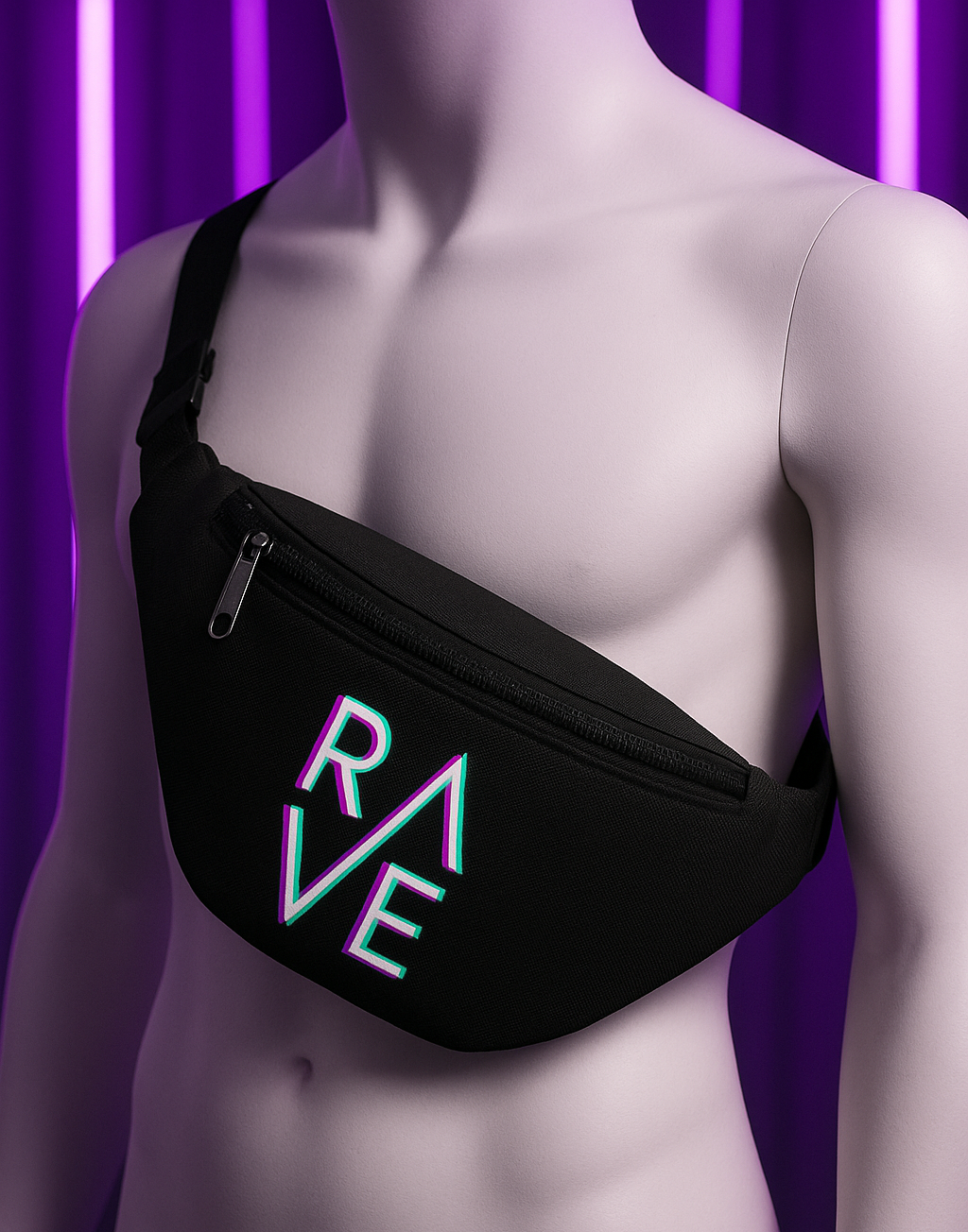 Riñonera negra RAVE con logo holográfico para festival