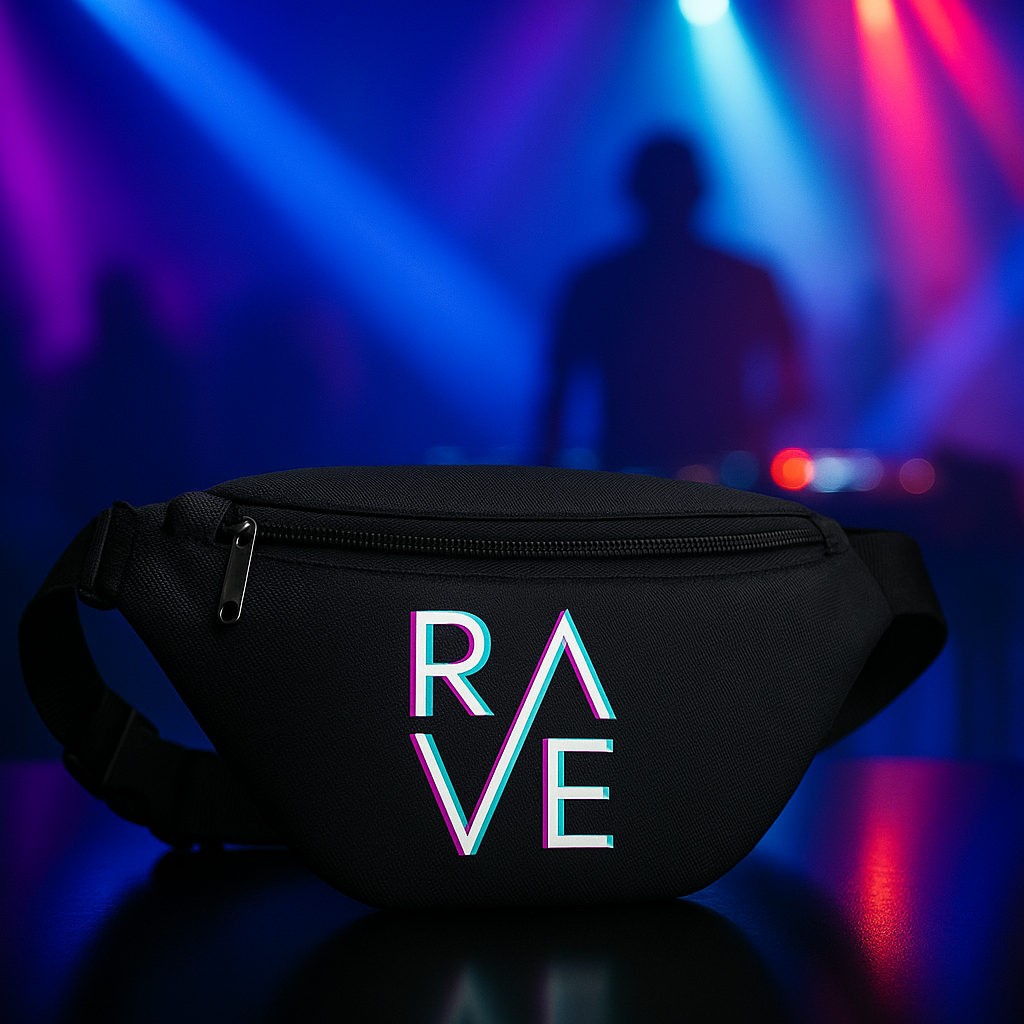Riñonera negra RAVE con logo holográfico para festival