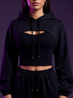 Sudadera crop negra con capucha y abertura frontal para rave y club