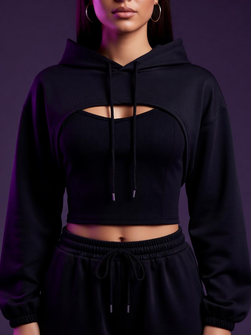 Sudadera crop negra con capucha y abertura frontal para rave y club
