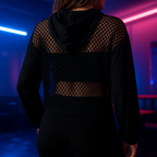 Sudadera crop rejilla negra capucha transparente