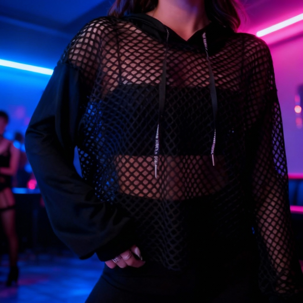 Sudadera crop rejilla negra capucha transparente