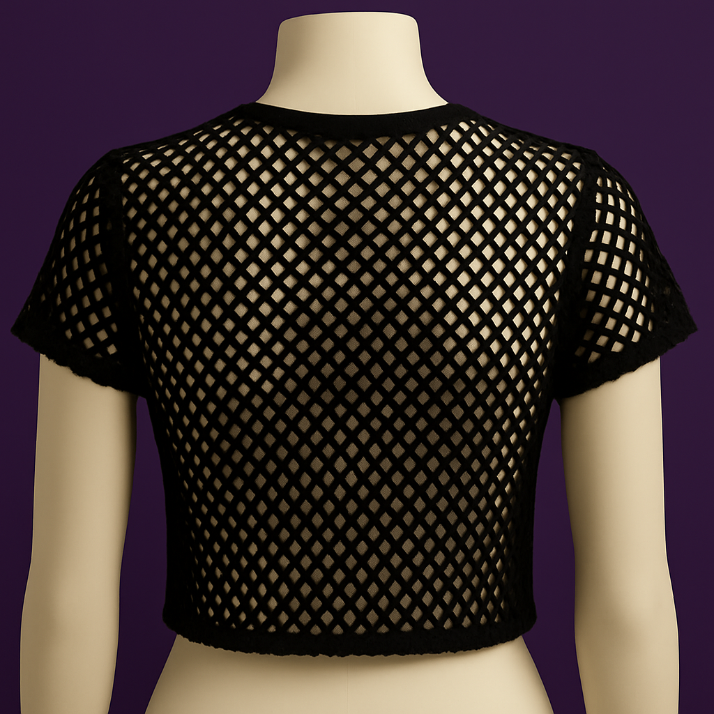 Camiseta crop rejilla negra manga corta transparente