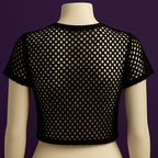 Camiseta crop rejilla negra manga corta transparente