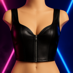 Top crop cuero negro cremallera frontal clubwear