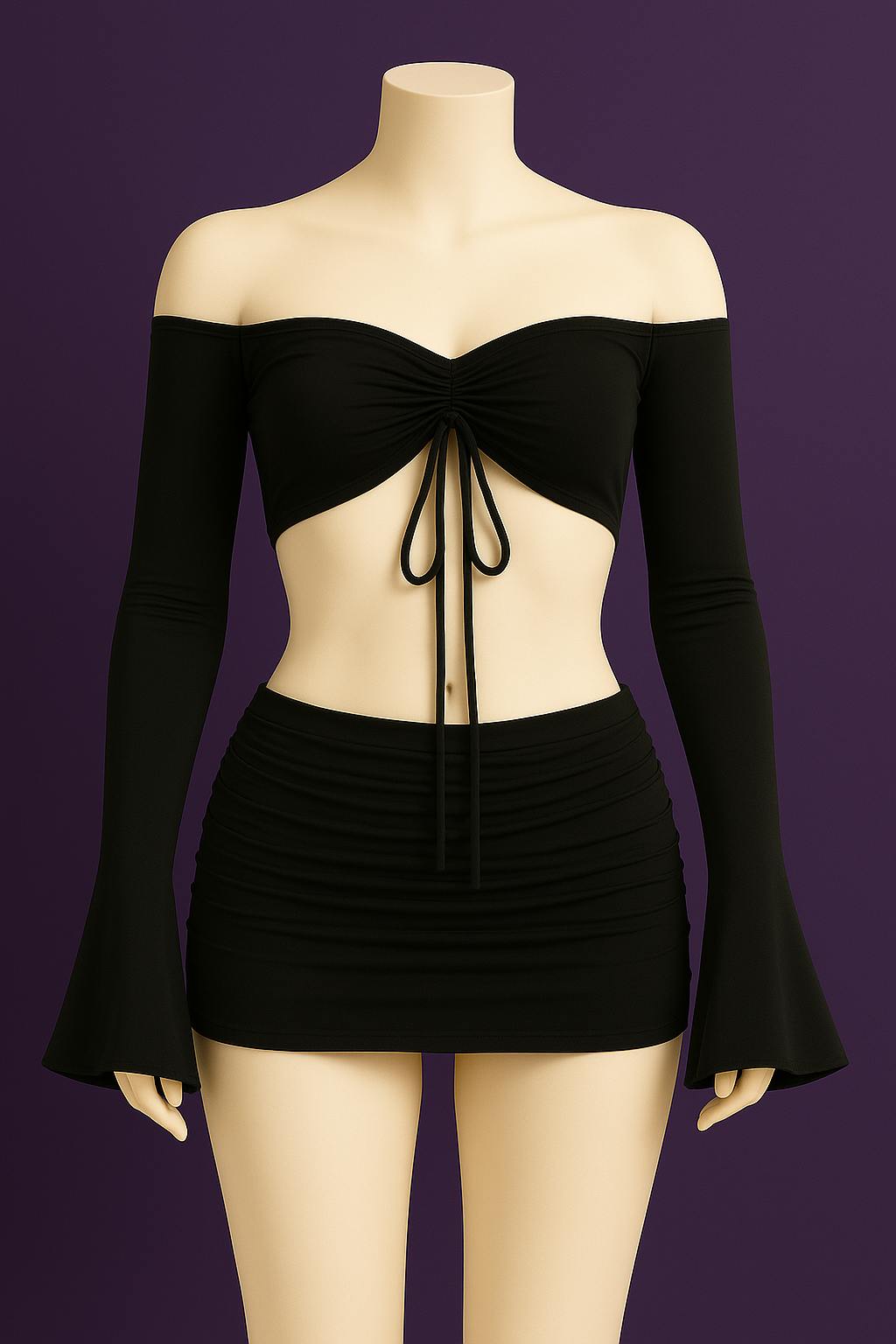 Conjunto dos piezas negro top hombros minifalda
