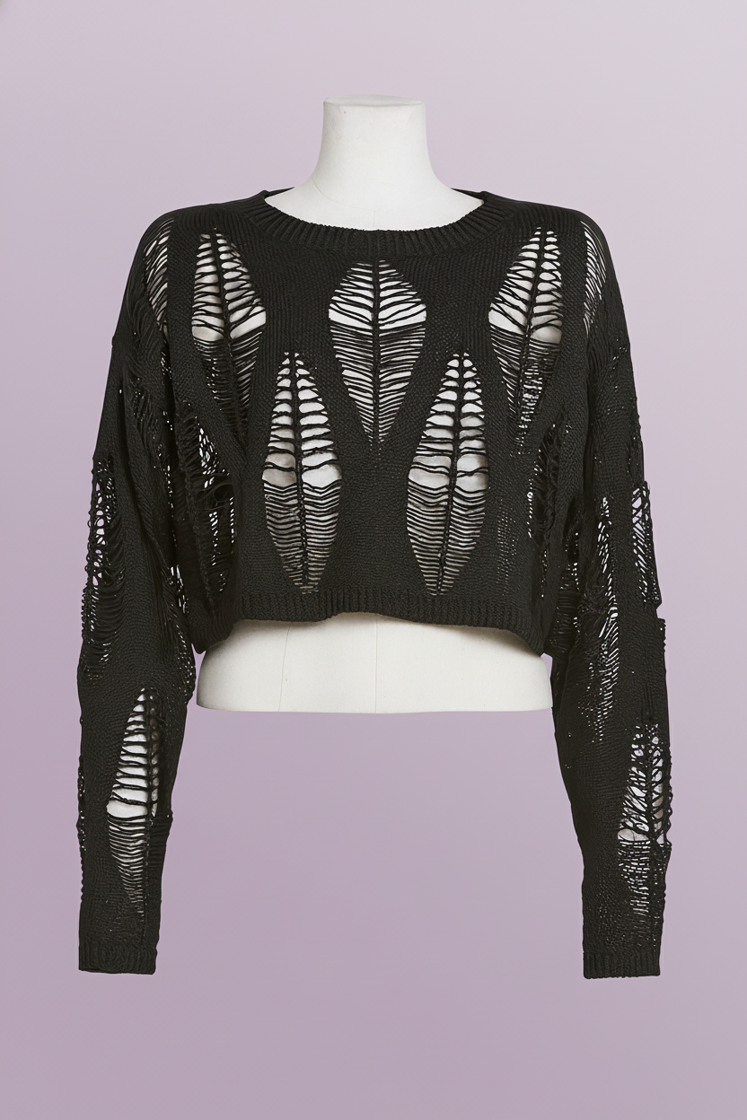 Jersey crop negro rasgado manga larga gótico