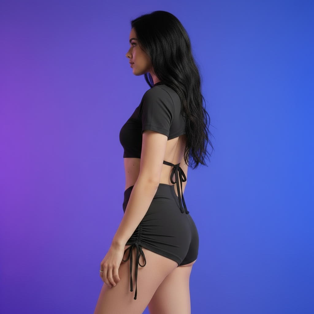 Conjunto Crop Top y Short Fruncido Negro