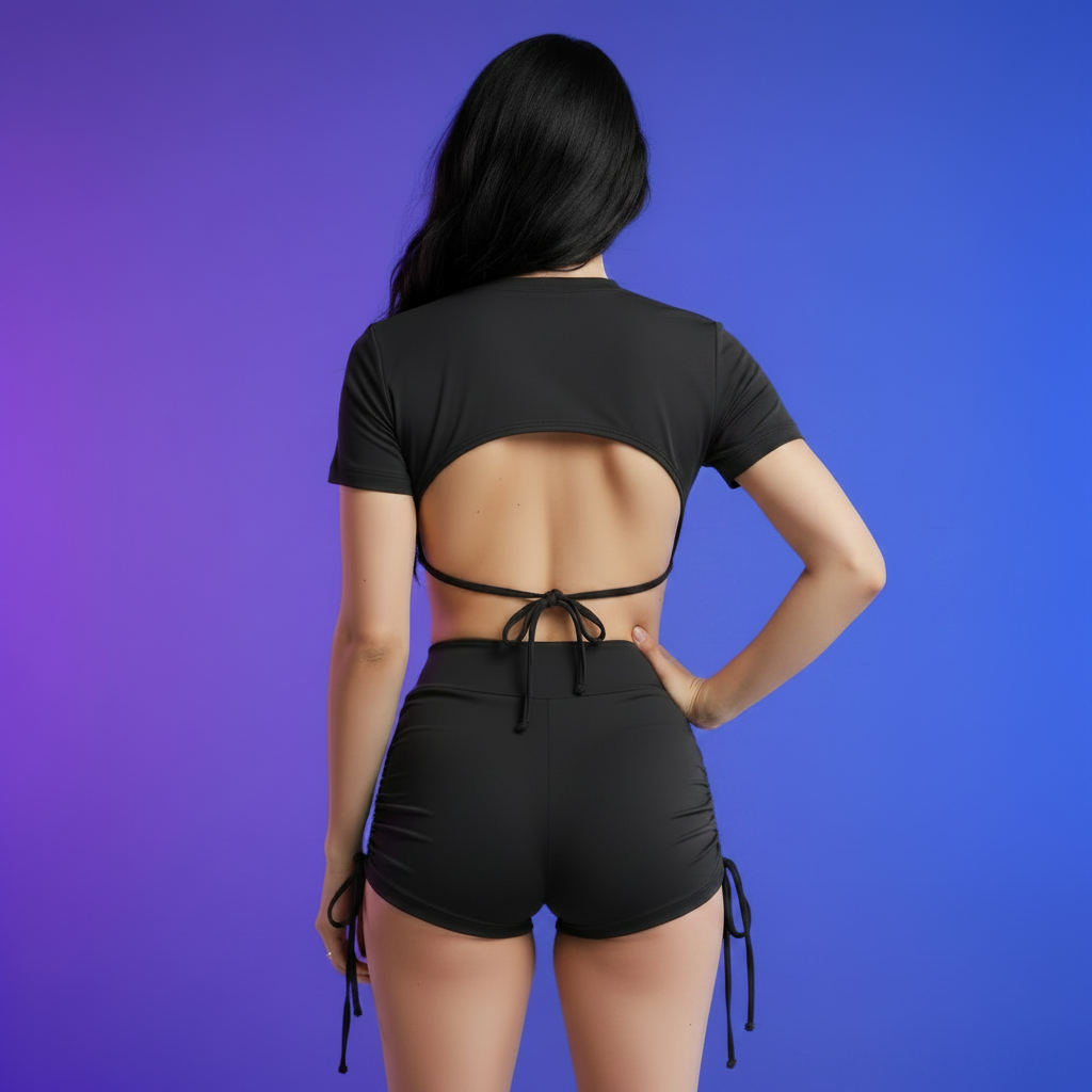 Conjunto Crop Top y Short Fruncido Negro
